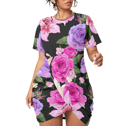 Cute Roses Women’s Stacked Hem Dress With Short Sleeve （Plus Size）