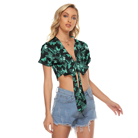 Black With Teal Butterflies Women's Bandage Crop Top