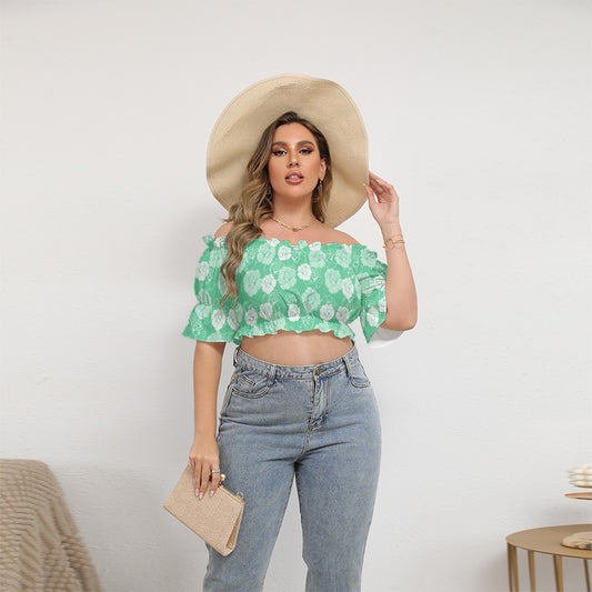 White Roses With Teal Women's Off-shoulder Cropped Top With Short Puff Sleeve