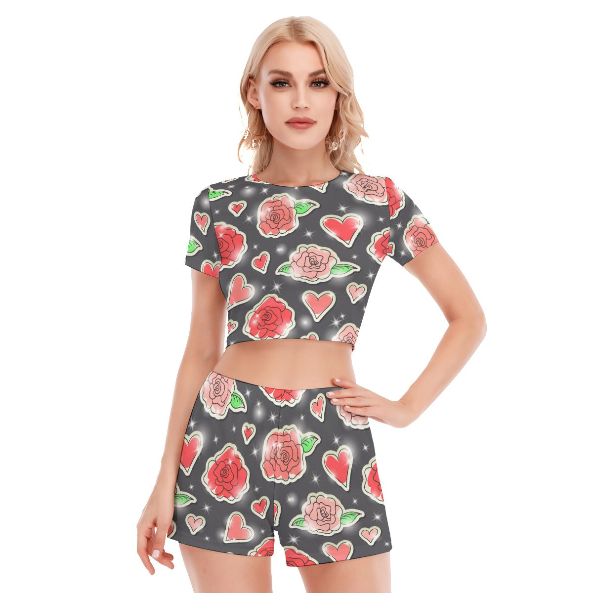 Red Hearts & Roses Women's Short Sleeve Cropped Top Shorts Suit