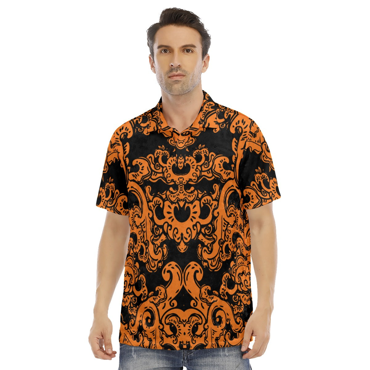 Orange & Black Baroque Pattern Men's Polo Shirt | Velvet