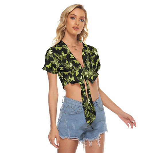 Black With Yellow Butterflies Women's Bandage Crop Top