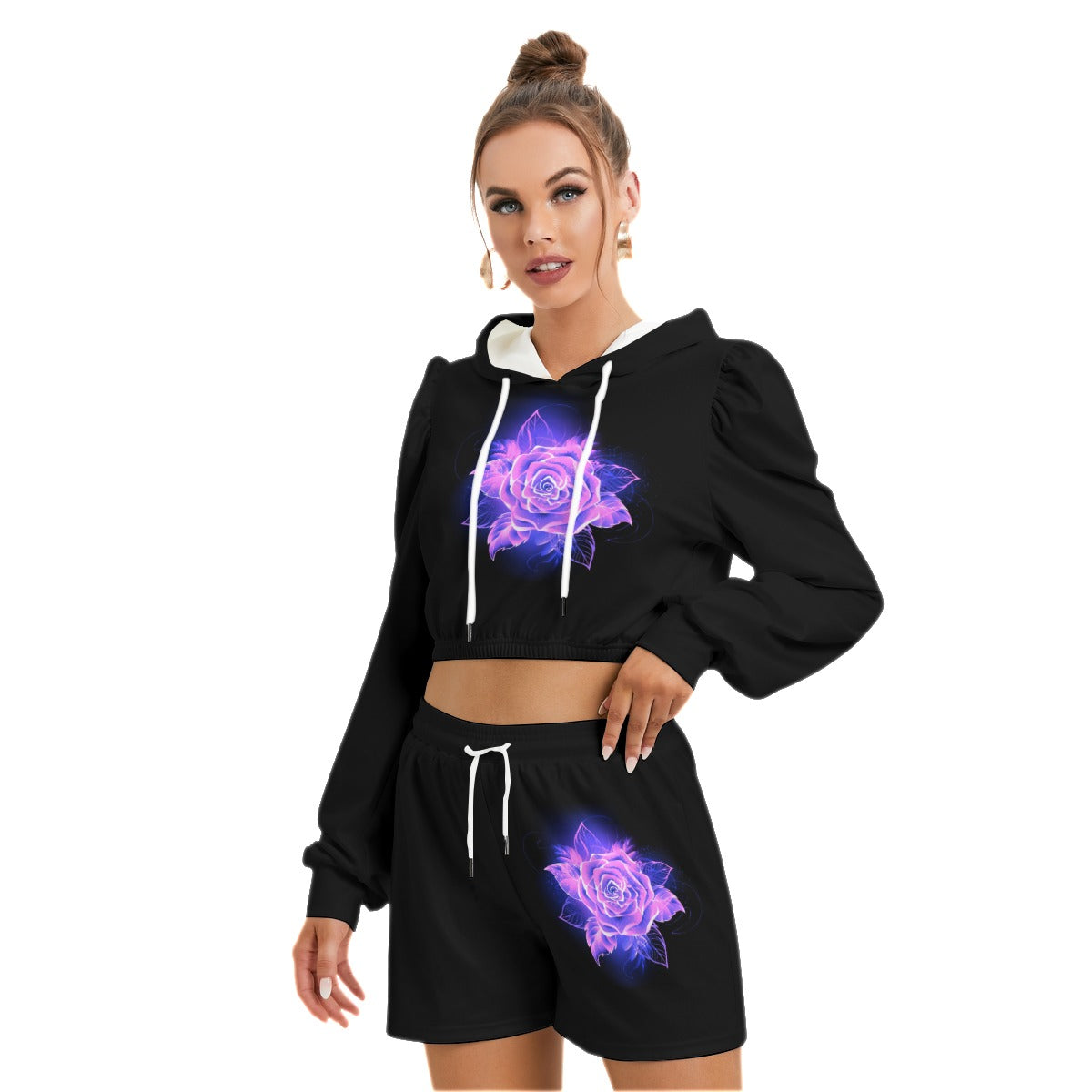 Blooming Purple Rose Women's Mirco Fleece Hoodie And Shorts Set