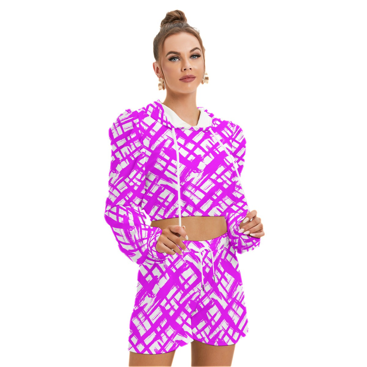 Purple Stripes & Crosses Women's Mirco Fleece Hoodie And Shorts Set