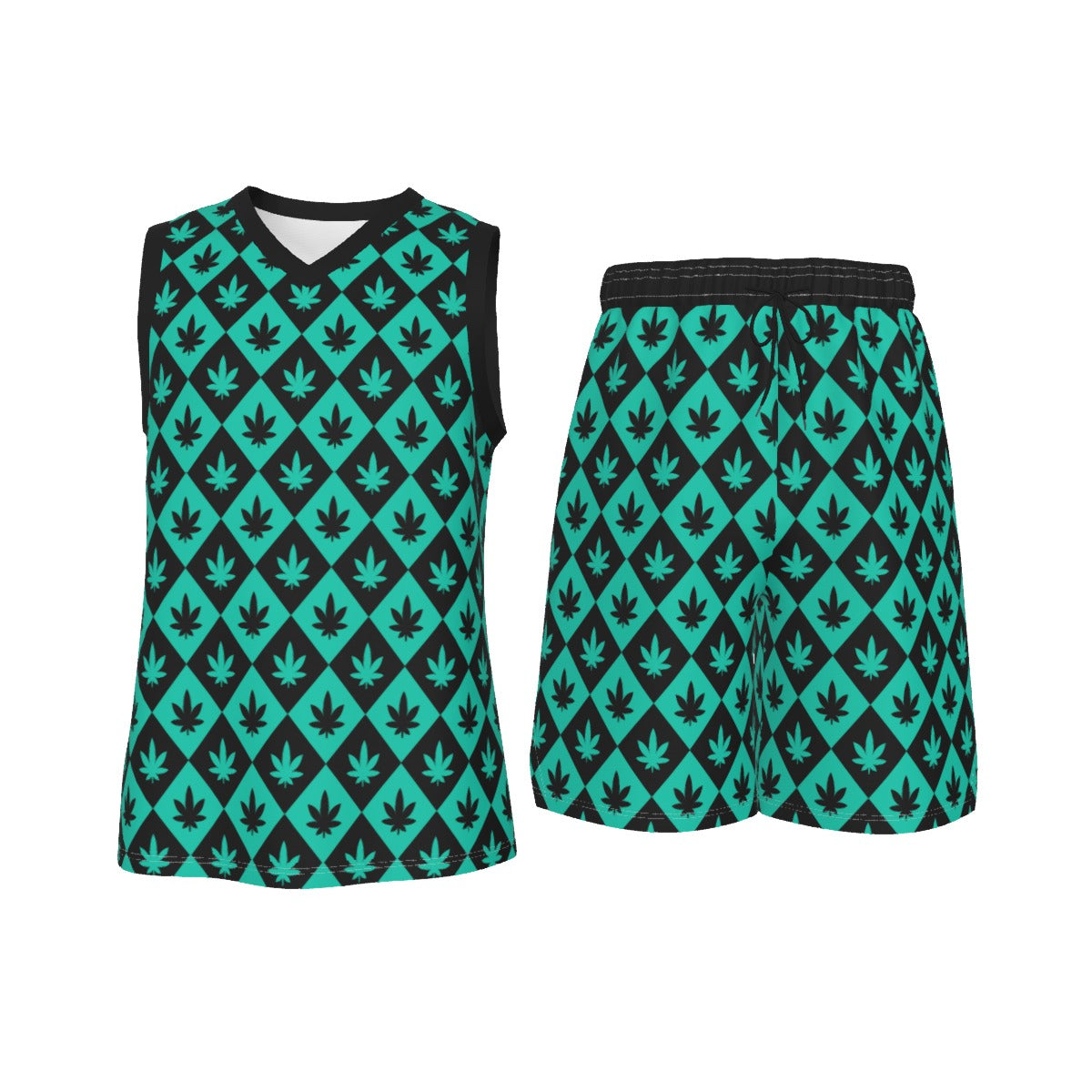 Black & Teal Stoners Only Weed Leaf Checker Board Men's V Neck Basketball Suit