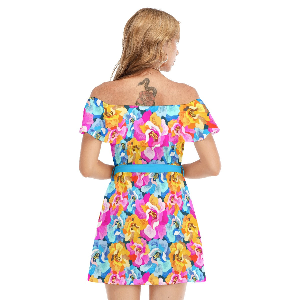 Summer Time Flowers Women's Off-shoulder Dress With Ruffle