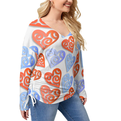 Colorful Paper Hearts Women’s V-neck T-shirt With Side Drawstring(Plus Size)