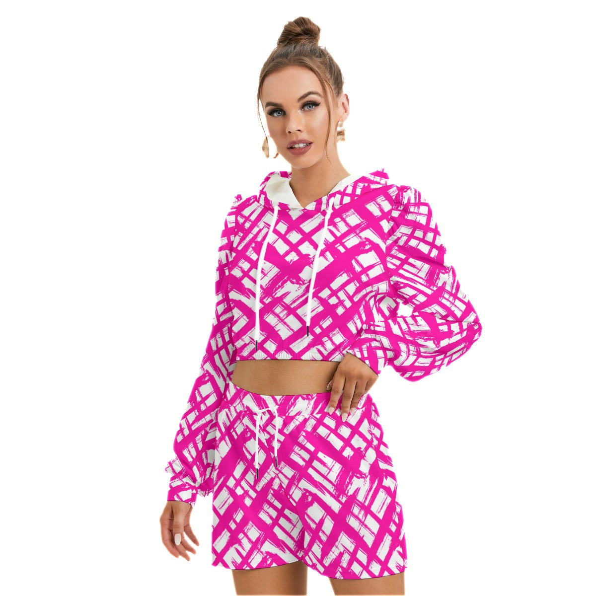 Pink Stripes & Crosses Women's Mirco Fleece Hoodie And Shorts Set