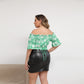 White Roses With Teal Women's Off-shoulder Cropped Top With Short Puff Sleeve