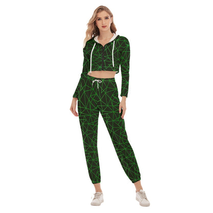 Green & Black Triangle Women's Crop Hoodie Sports Sets