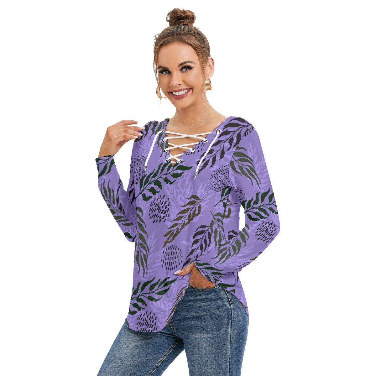 Exotic Leaves Women's Long Sleeve Neckline Tie Sweatshirt