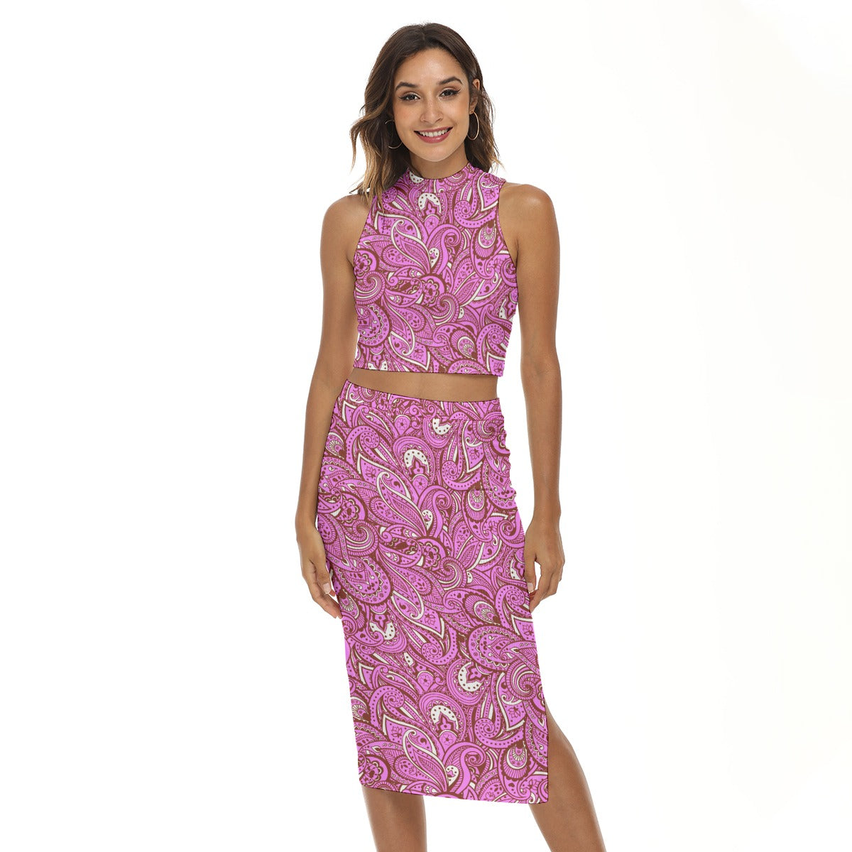 Pink Paisley Pattern Women's Tank Top & Split High Skirt Set