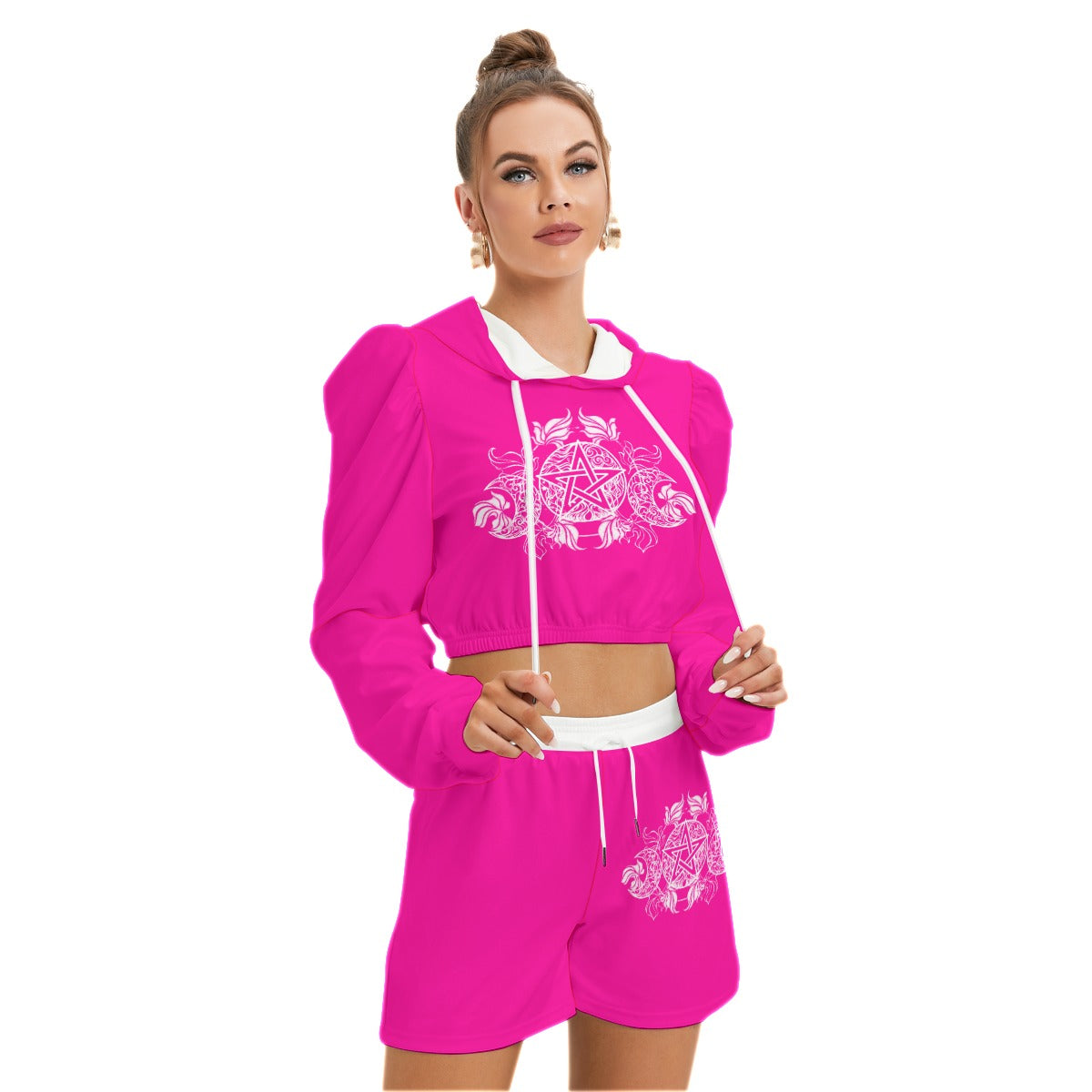 Pink & White Pentagram With Leaves Women's Mirco Fleece Hoodie And Shorts Set