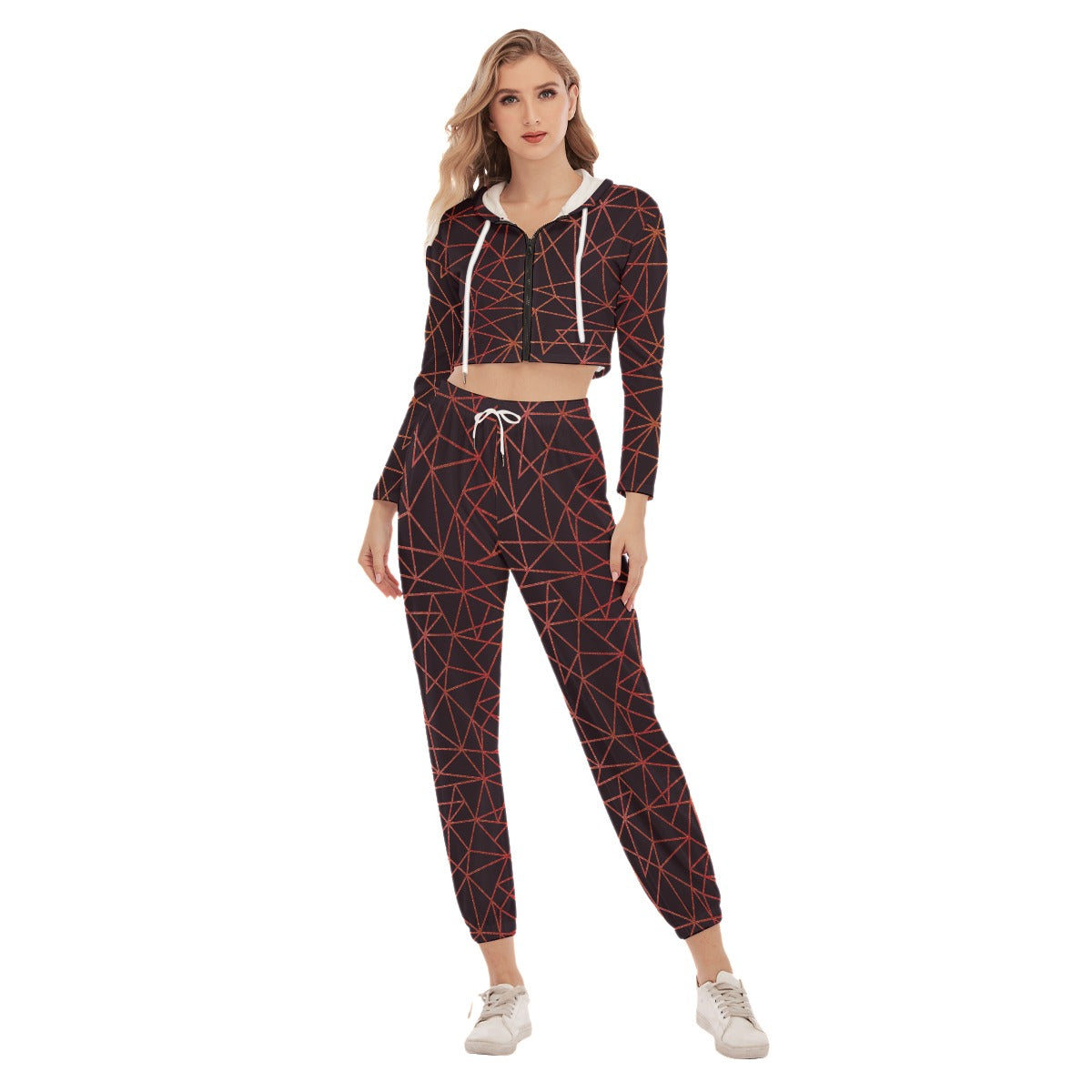 Orange & Black Triangle Women's Crop Hoodie Sports Sets