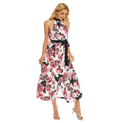 Vintage Style Roses Women's Wrap Hem Belted Halter Dress