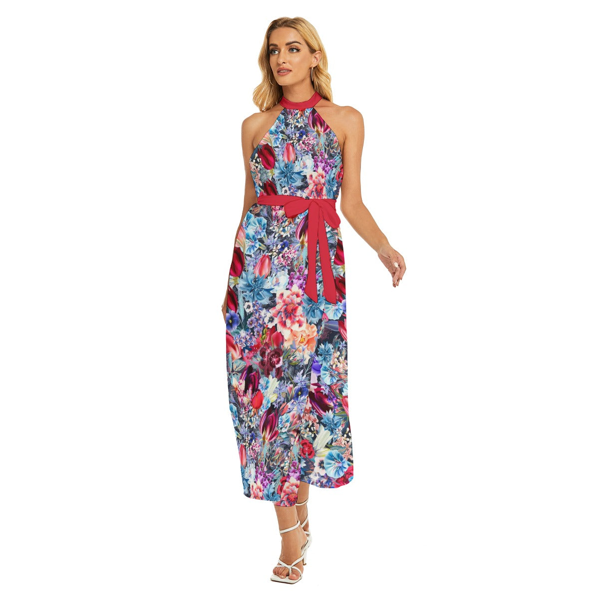 Beautiful Flowers Women's Wrap Hem Belted Halter Dress