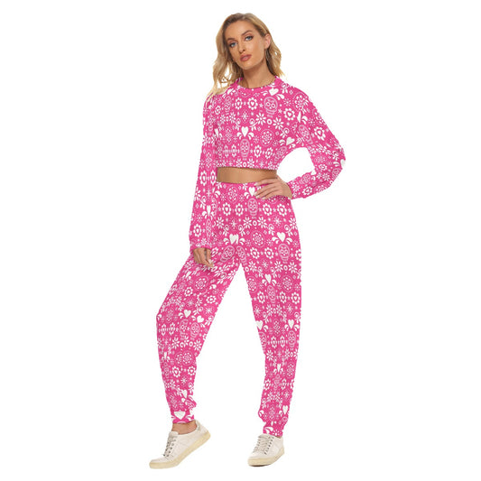 Pink & White Sugar Skulls Women's Crop Sweatshirt Suit