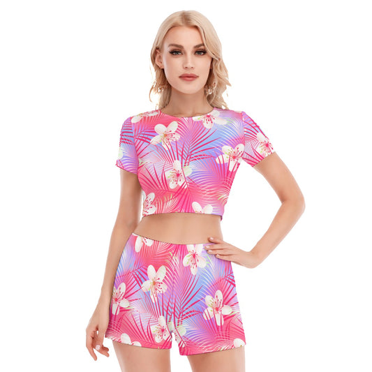 Tropical Frangipani Hibiscus Women's Short Sleeve Cropped Top Shorts Suit