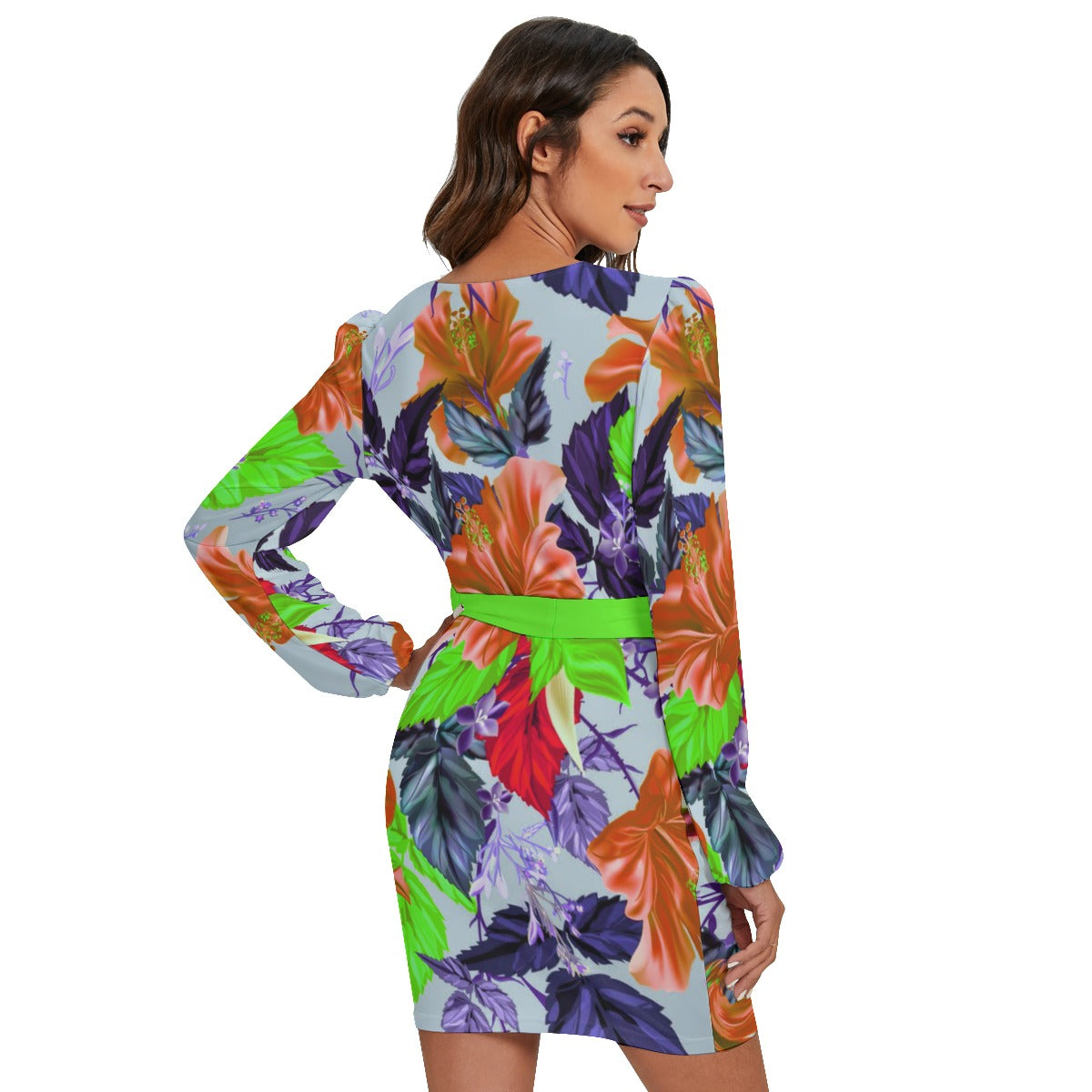 China Flowers Bright Buds Women's Long Sleeve Dress With Waist Belt