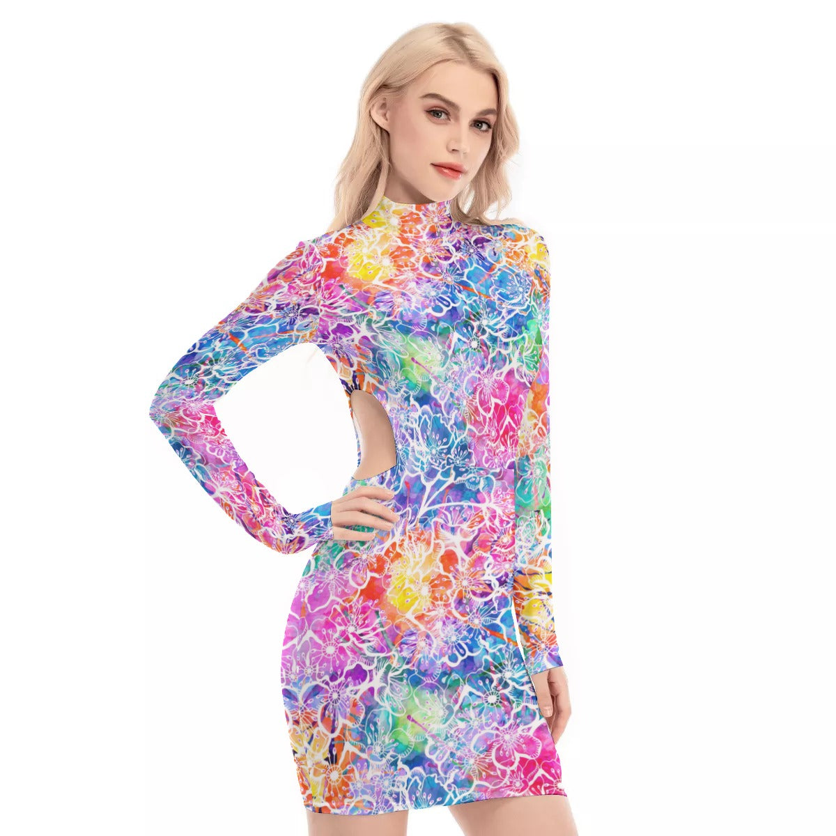 Colorful Flowers Waist Hollow Hip Dress