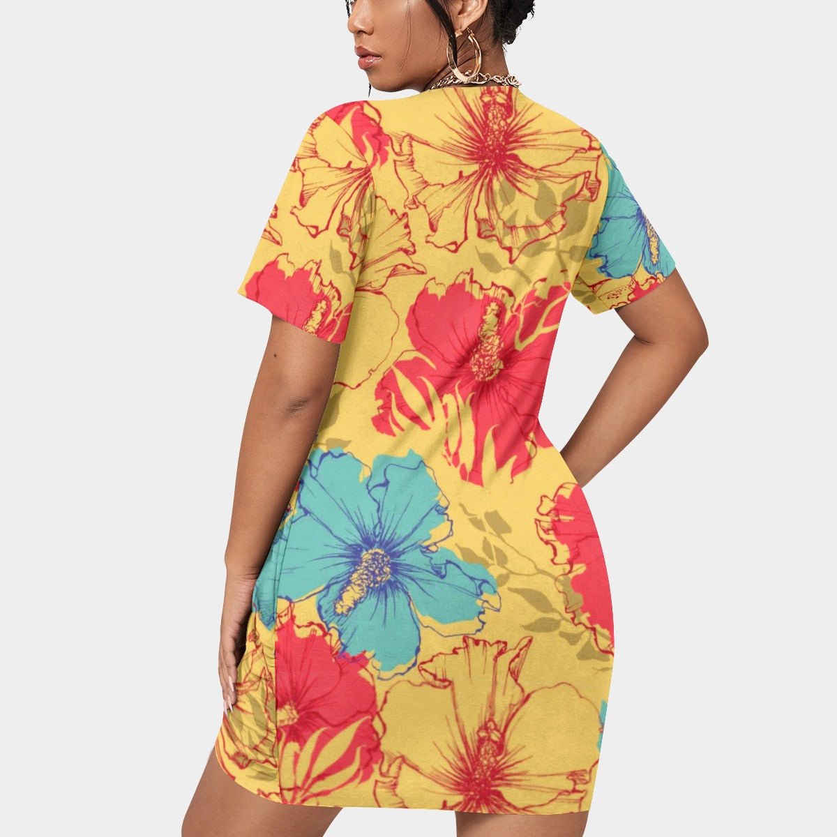 Women’s Tropical Summer Stacked Hem Dress With Short Sleeve（Plus Size)