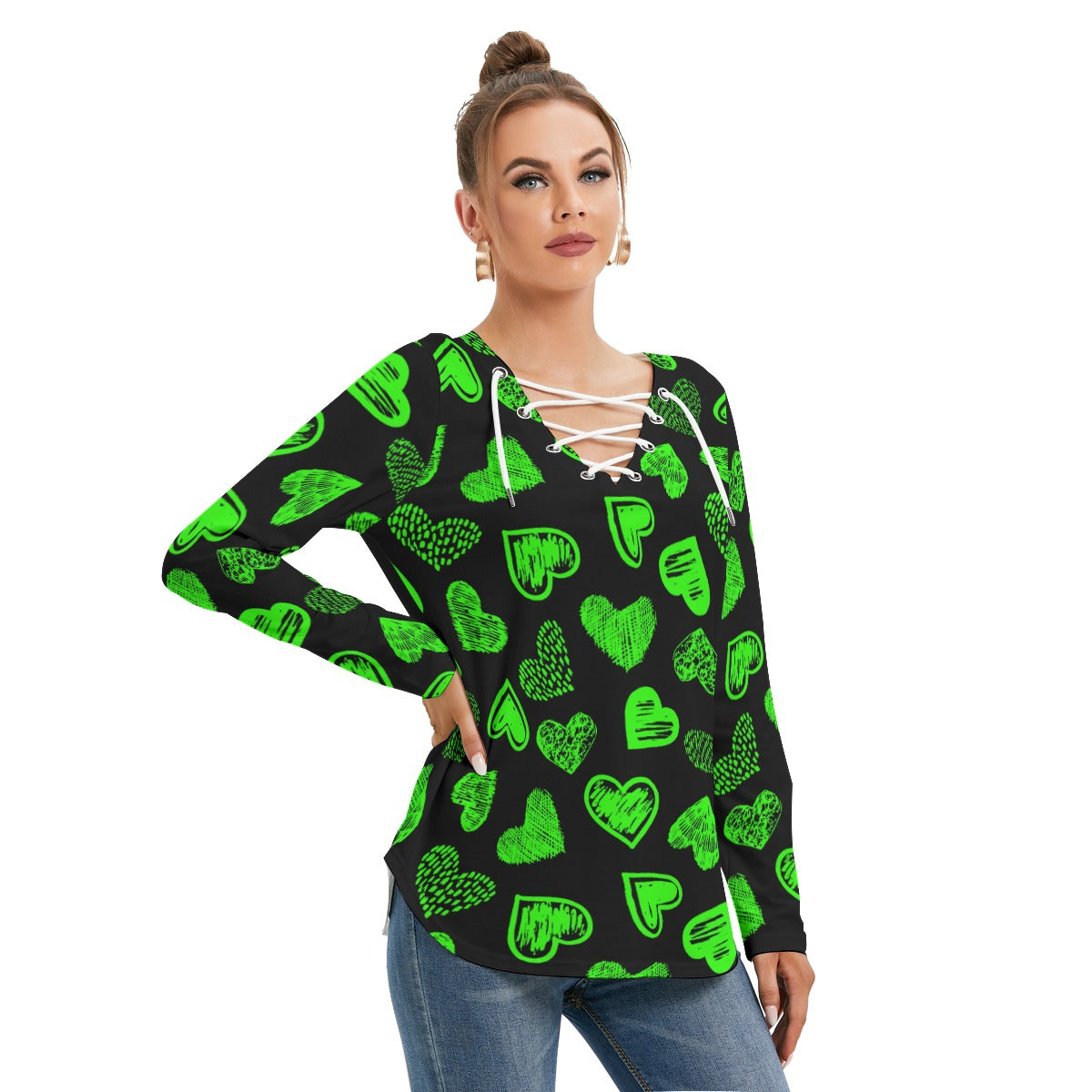 Black With Green Doodle Hearts Women's Long Sleeve Neckline Tie Sweatshirt