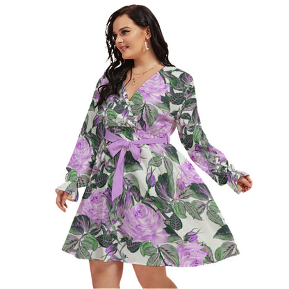 Beautiful Elegant Purple Roses Women's V-neck Dress With Waistband (Plus Size)