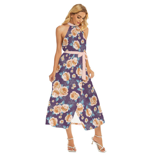 Beautiful Roses Women's Wrap Hem Belted Halter Dress