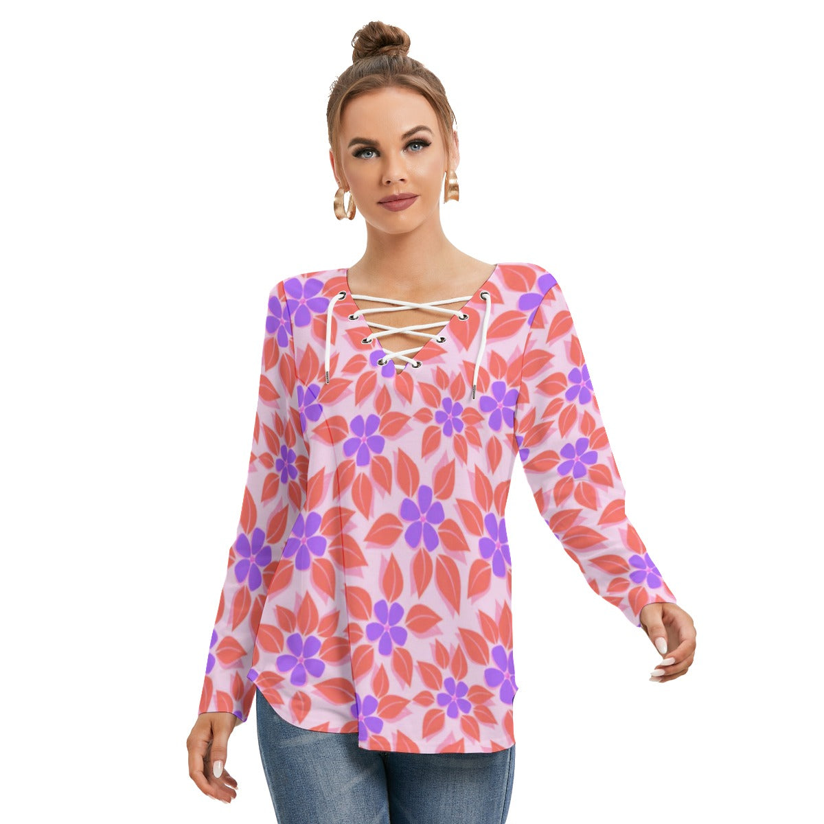 Tropical Flowers Women's Long Sleeve Neckline Tie Sweatshirt