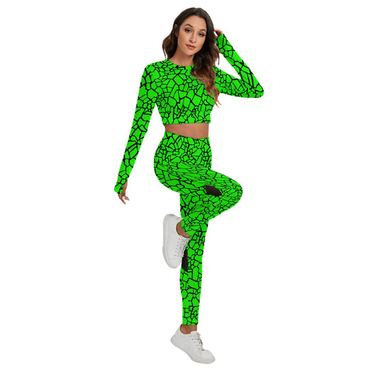 Green & Black Stone Pattern Women's Sport Set With Backless Top And Leggings