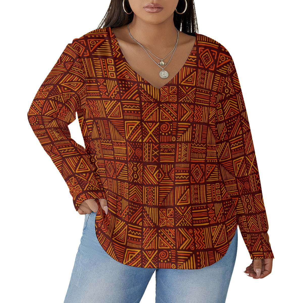 African Vibes Women's V-neck T-shirt With Curved Hem(Plus Size)