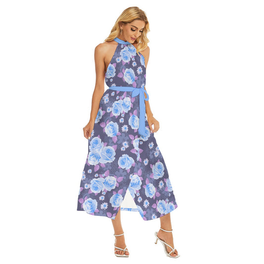 Beautiful Roses Women's Wrap Hem Belted Halter Dress