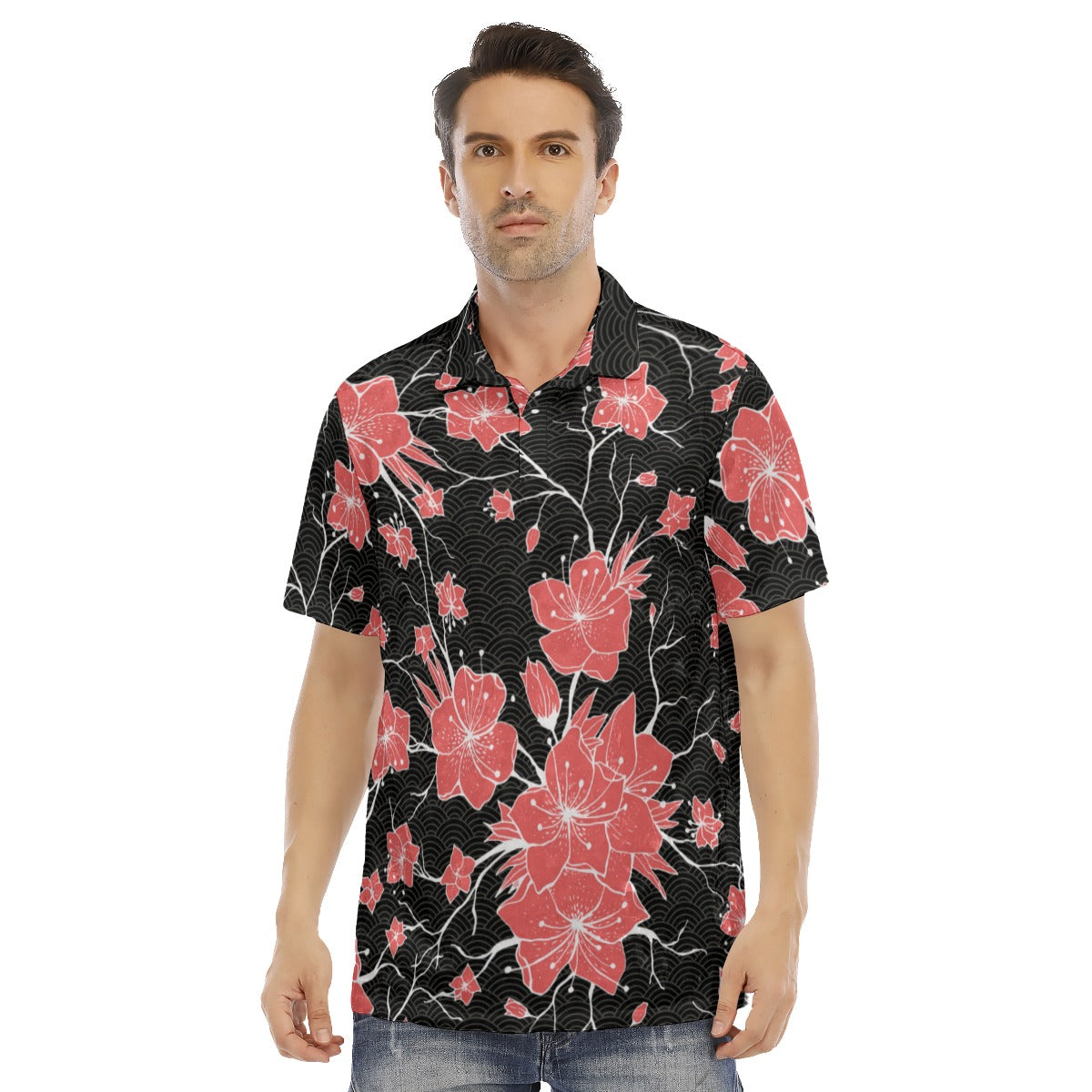 Japanese Style Flowers Men's Polo Shirt | Velvet