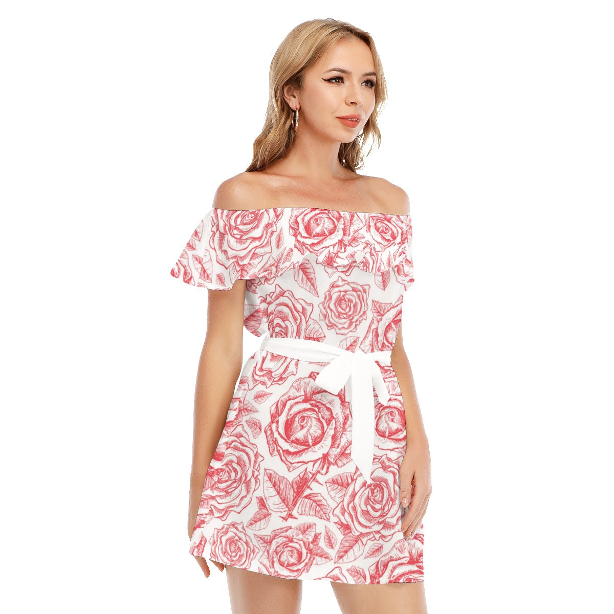 Pink & White Roses Off-shoulder Dress With Ruffle