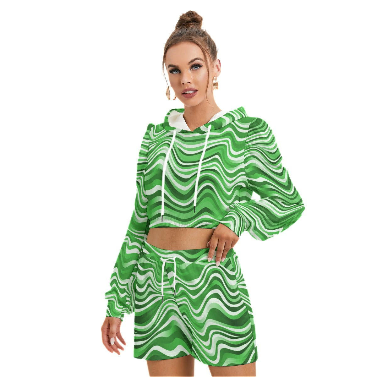 Green Wavy Baby Women's Mirco Fleece Hoodie And Shorts Set