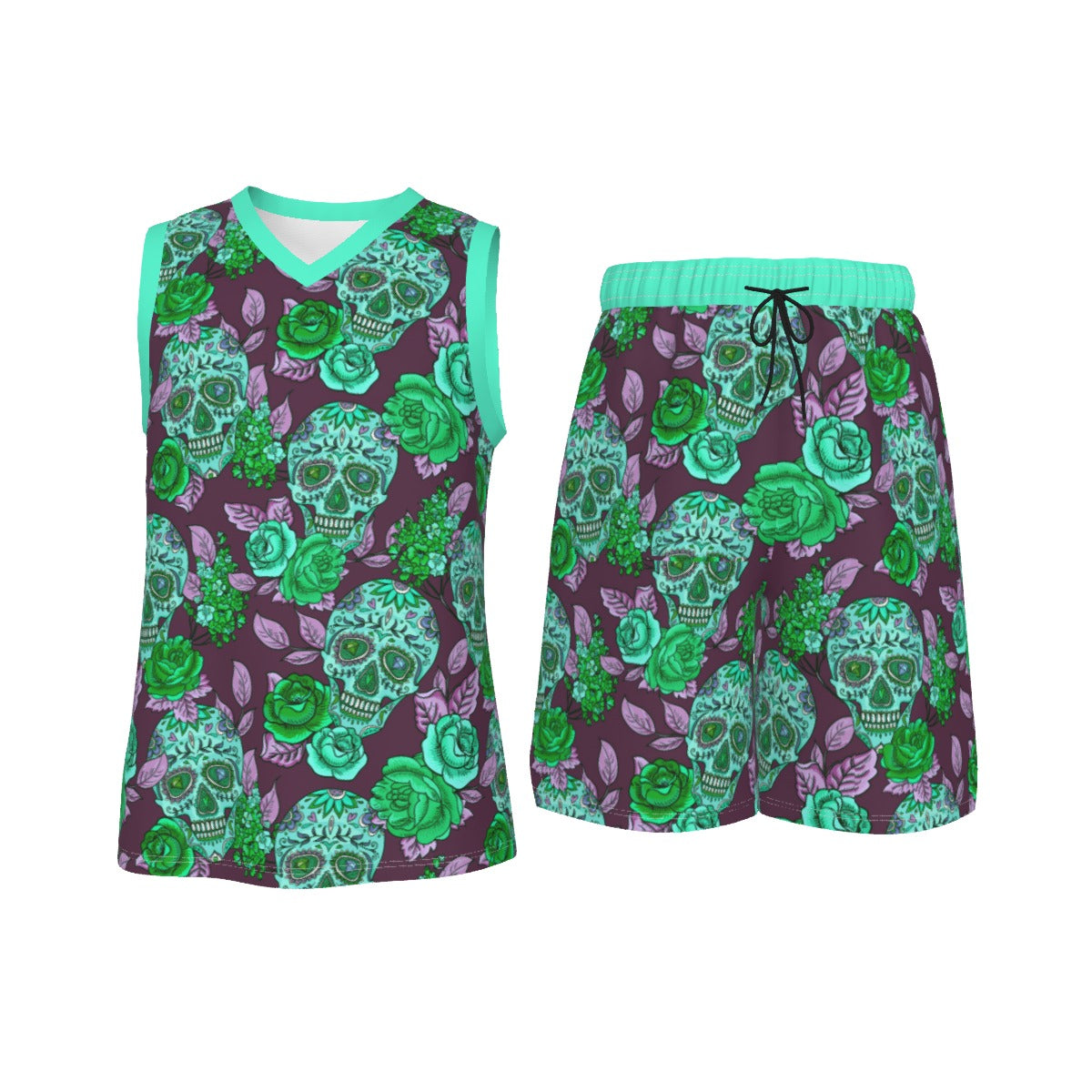 Skull Diamond Eyes & Flowers Men's V Neck Basketball Suit