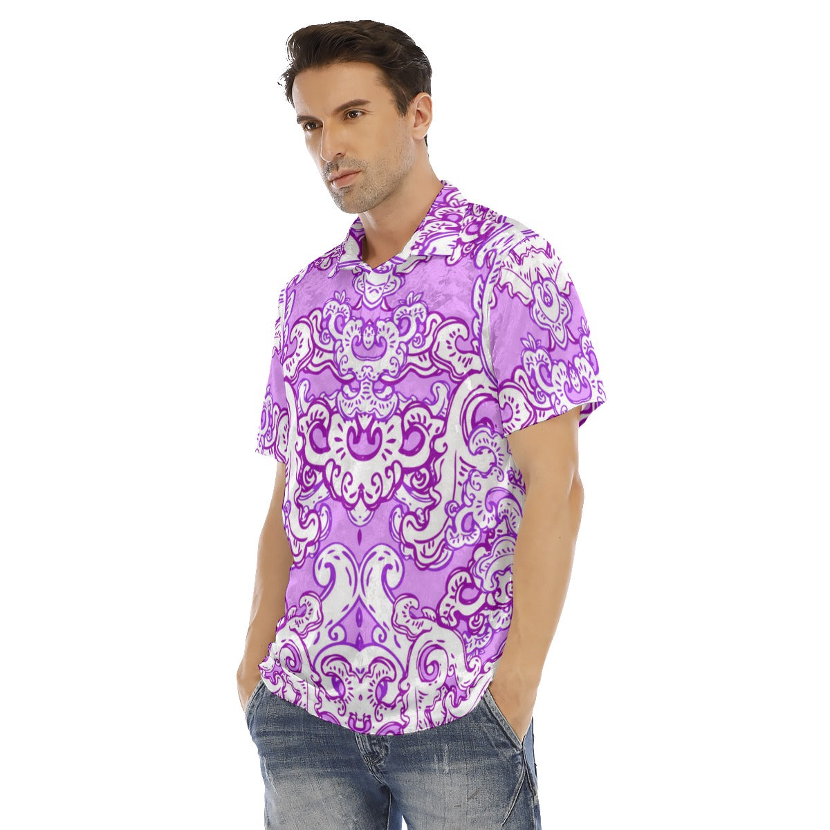 Purple & White Baroque Pattern Men's Polo Shirt | Velvet