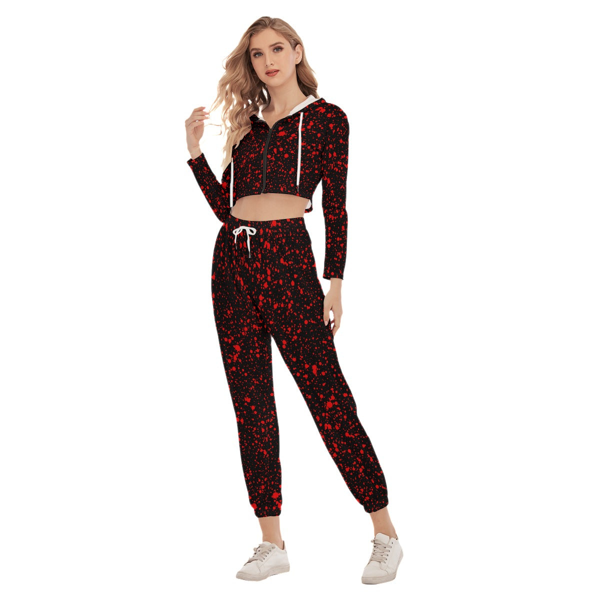 Black With Red Ink Splashes & Blots Women's Crop Hoodie Sports Sets