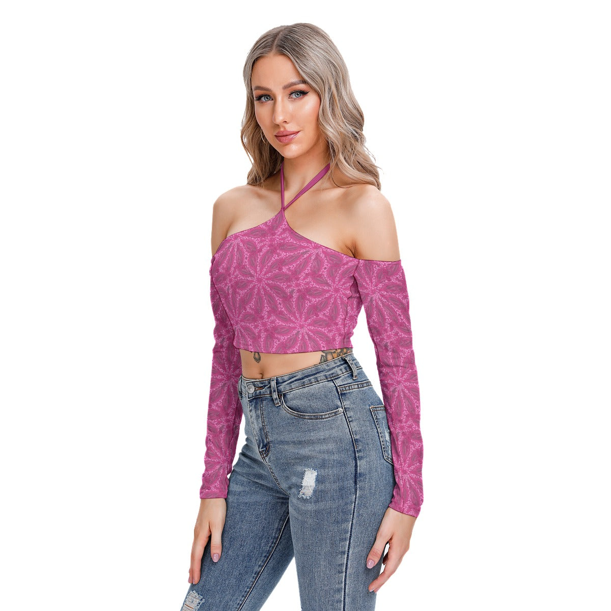 Pink Abstract Women's Halter Lace-up Top