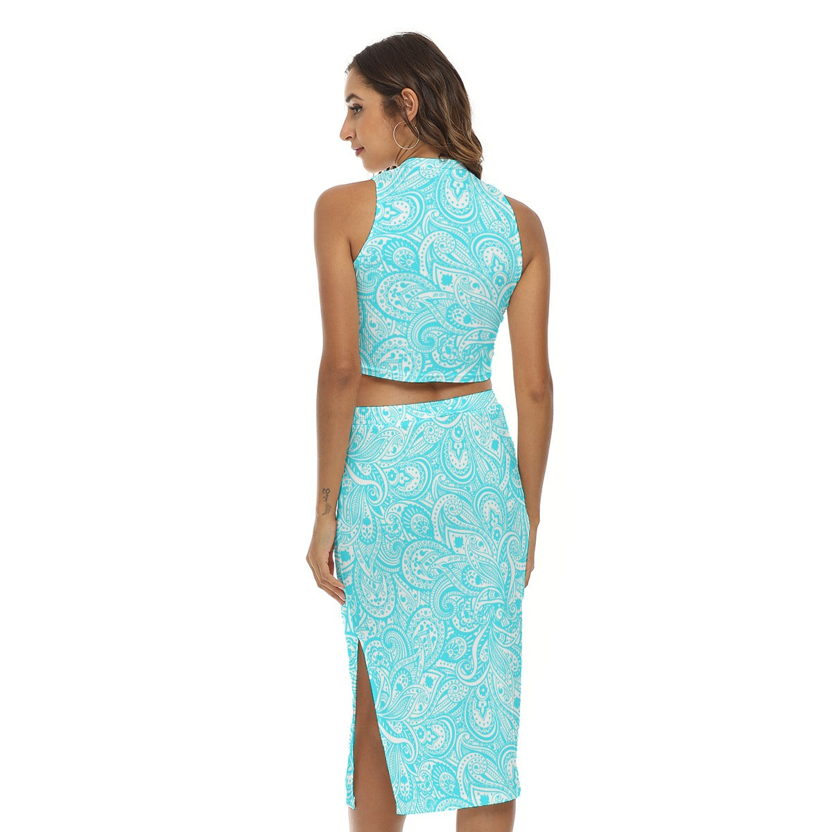 Baby Blue Paisley Pattern Women's Tank Top & Split High Skirt Set