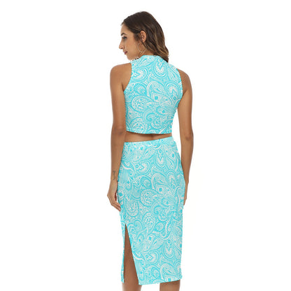 Baby Blue Paisley Pattern Women's Tank Top & Split High Skirt Set