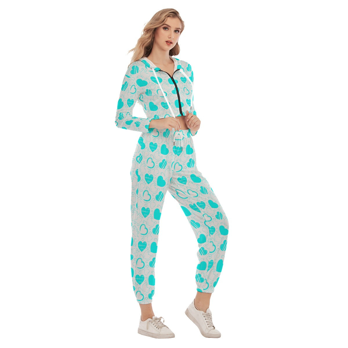 Cute Teal Hearts Women's Crop Hoodie Sports Sets