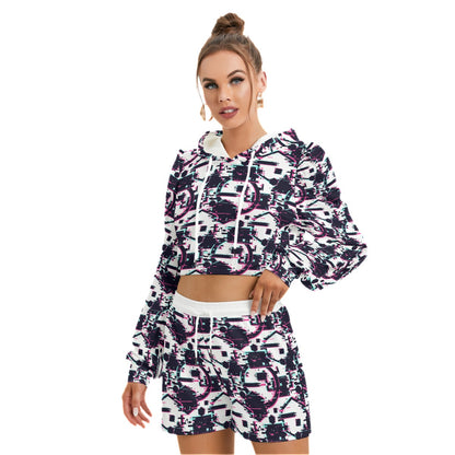 Glitchy Abstract Pattern Women's Mirco Fleece Hoodie And Shorts Set