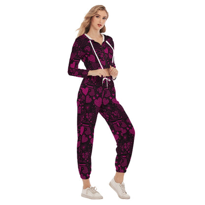 Black & Pink Hearts Women's Crop Hoodie Sports Sets