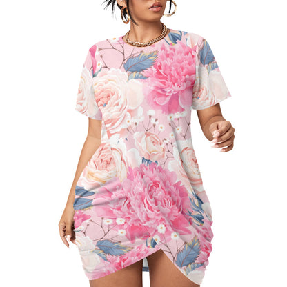 Cute Roses Women’s Stacked Hem Dress With Short Sleeve （Plus Size）