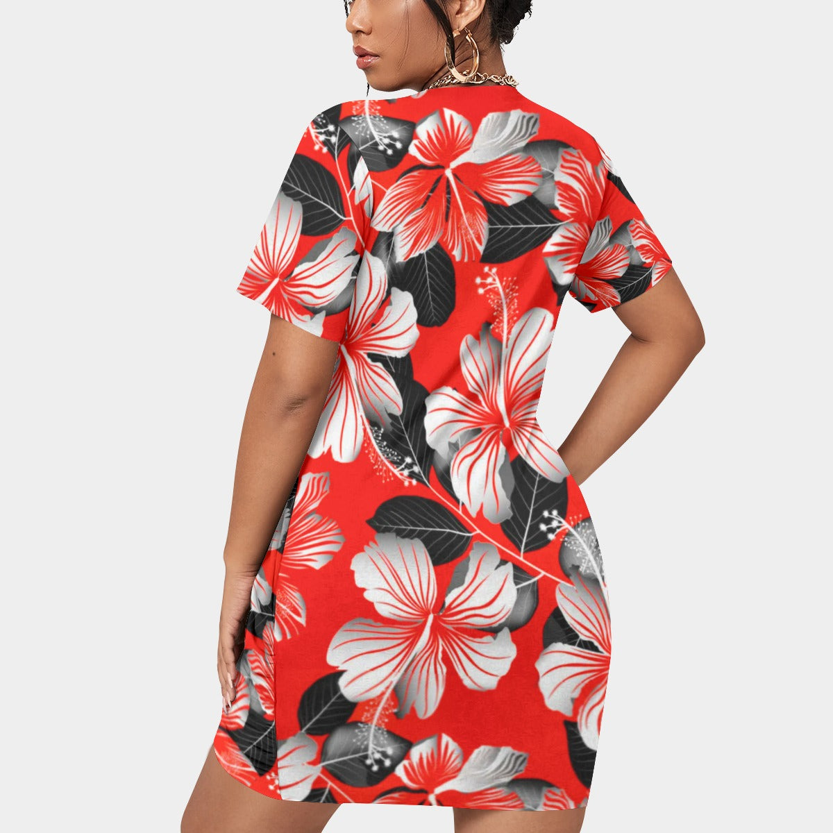 Women’s Tropic Style Stacked Hem Dress With Short Sleeve（Plus Size)