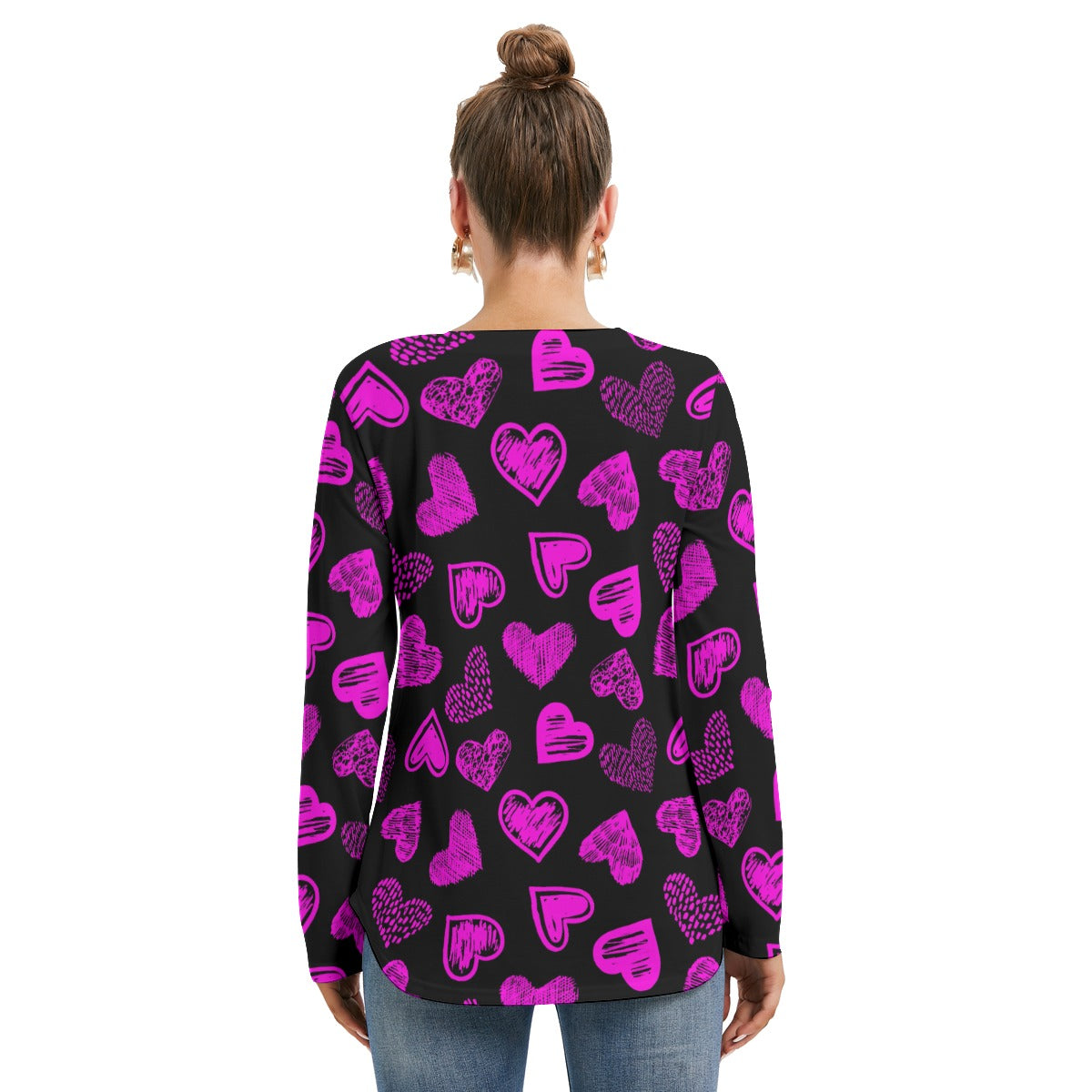 Black With Pink Doodle Hearts Women's Long Sleeve Neckline Tie Sweatshirt