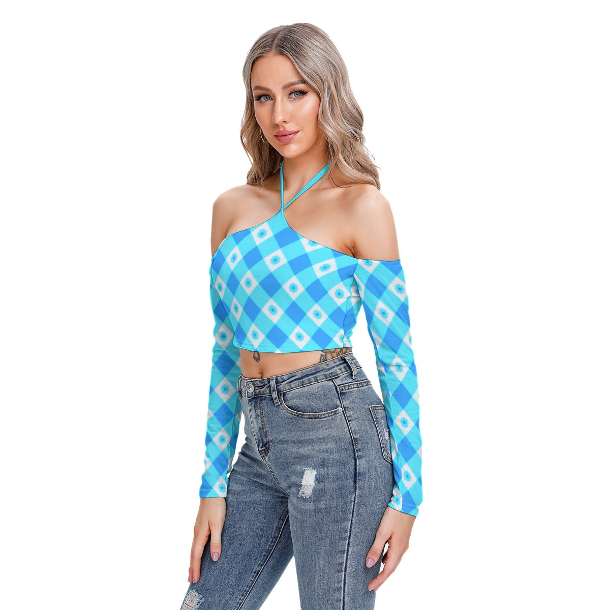 Blue With White Flowers Women's Plaid Halter Lace-up Top