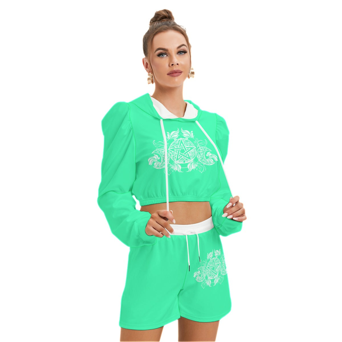 Teal & White Pentagram With Leaves Women's Mirco Fleece Hoodie And Shorts Set