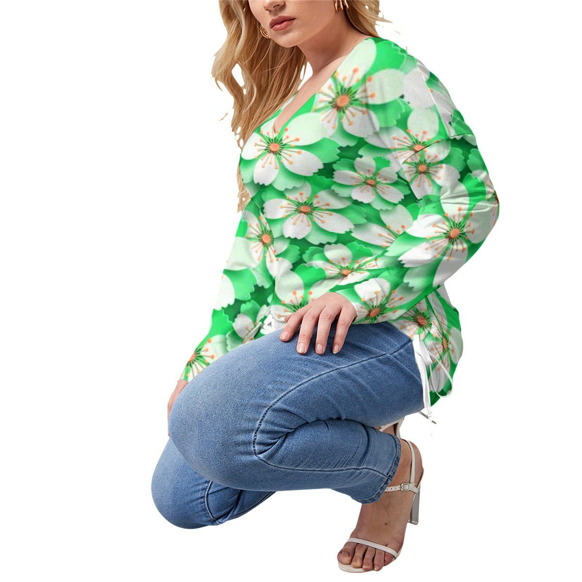 Teal With White Cherry Blossoms Women’s V-neck T-shirt With Side Drawstring(Plus Size)